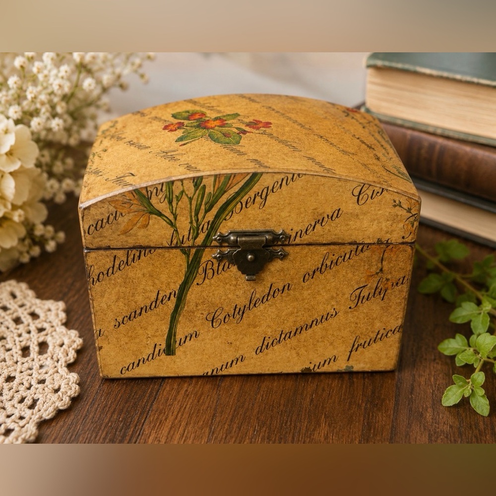 Vintage Floral Botanical Curved Wood Keepsake Box Decoupage Trinket Jewelry